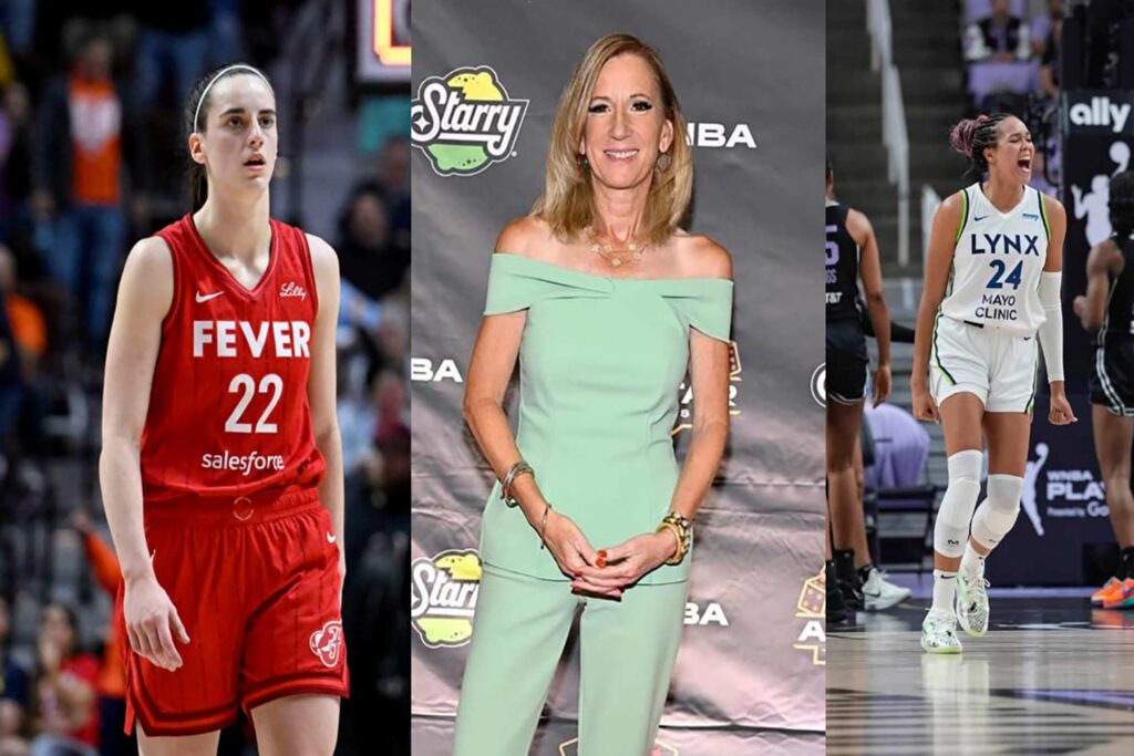 Caitlin Clark, Cathy Engelbert and Napheesa Collier