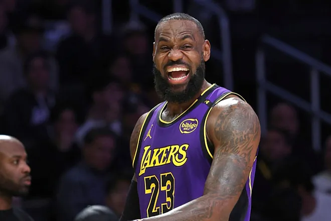 Los Angeles Lakers forward LeBron James reacts during the first half on an NBA basketball game Washington Wizards, Tuesday, Jan. 21, 2025, in Los Angeles