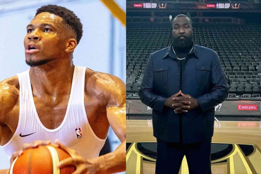 Giannis Antetokounmpo stuck in indecision, while Kendrick Perkins tells him to drop the drama
