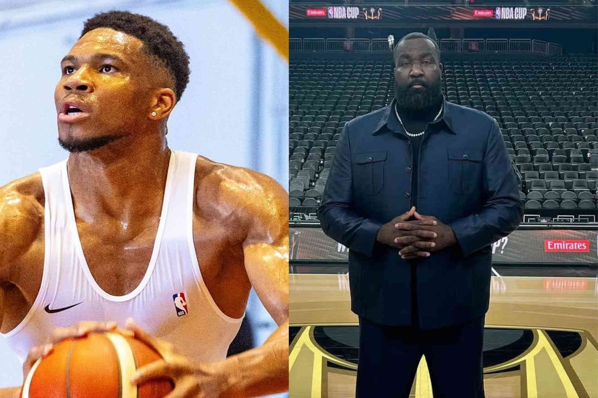 Giannis Antetokounmpo stuck in indecision, while Kendrick Perkins tells him to drop the drama